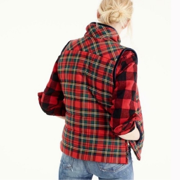 J. Crew Red Tartan Plaid Mountain Wool Blend Puffer Vest Velvet Trim- Size XS - Picture 3 of 14